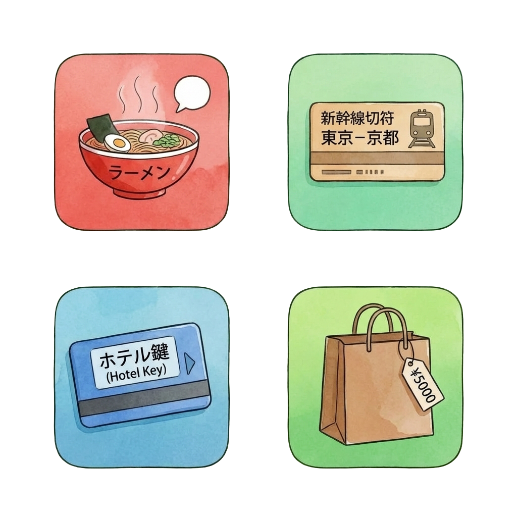 Travel moments — ramen, train, hotel, shopping